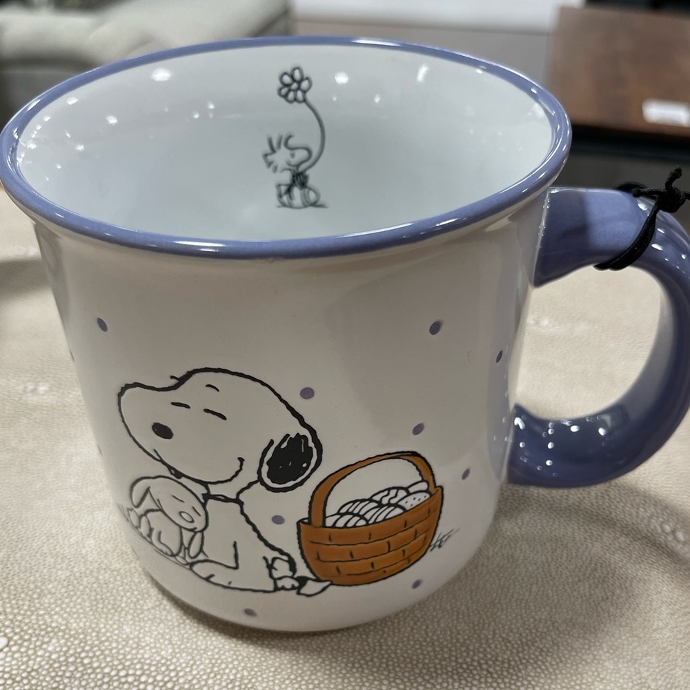Peanuts Easter Snoopy Woodstock & Bunny Purple & White Ceramic Mug NWT